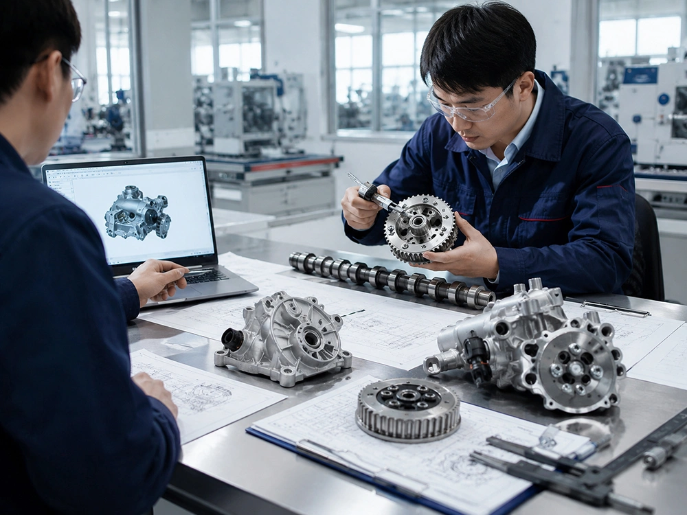 Engineering team reviewing engine part samples, drawings and CAD data for manufacturing support