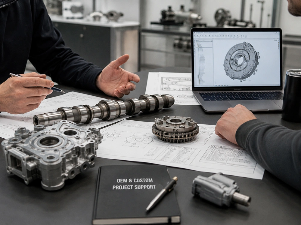 Engineers reviewing engine parts samples and technical drawings for OEM and custom development
