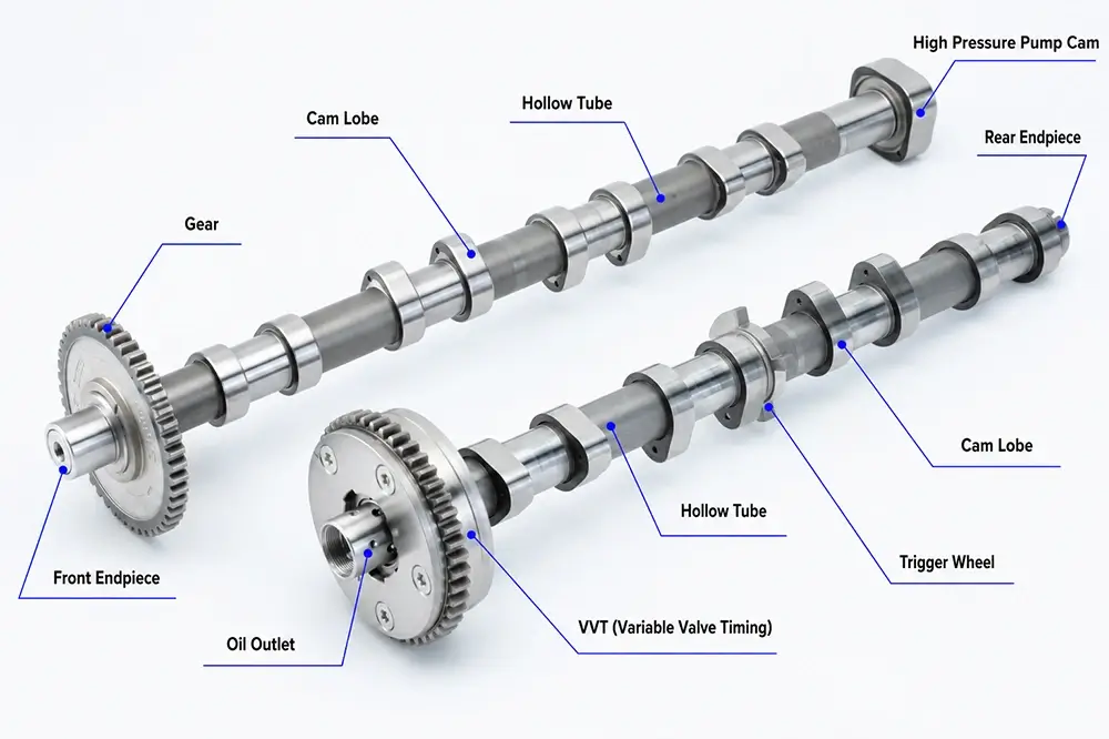 Intake vs Exhaust Camshaft: How B2B Buyers Confirm Position, Engine Code and OE Reference 4 Camshaft end structure comparison showing phaser mounting, sensor trigger, oil hole and drive features