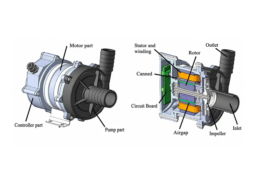Mechanical Water Pump vs Electric Water Pump: Application, Structure and Sourcing Differences 3 Electric water pump internal structure showing the controller, circuit board, stator, rotor, impeller, inlet and outlet