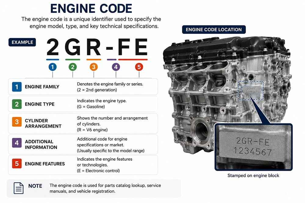 How to Send an Engine Parts Enquiry: OE Number, Engine Code, Sample and Quantity Checklist 3 Engine code and vehicle application details help confirm the correct replacement part.