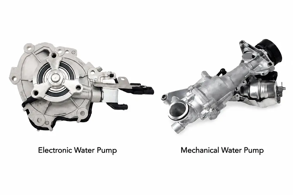 Mechanical and electric automotive water pumps compared by drive structure, housing, connector and cooling-system application