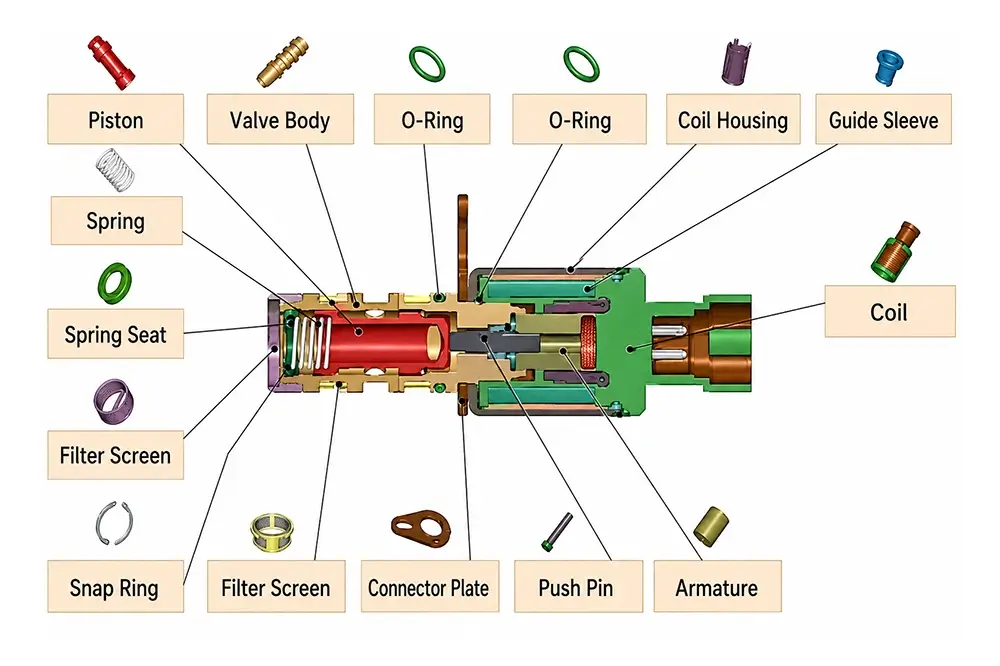 How to Identify the Correct VVT Solenoid Valve: OE Number, Connector, Valve Body and Application Checks 2 Internal structure of a VVT solenoid valve showing the coil, plunger, spring, valve body, seals and filter components