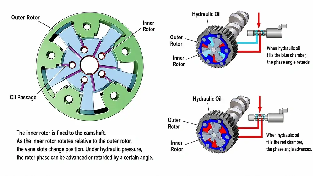 Camshaft Phaser Identification Guide: How to Avoid Wrong Intake, Exhaust or Adjuster Set Matching 2 Camshaft phaser hydraulic working principle showing oil pressure control and internal rotor timing adjustment