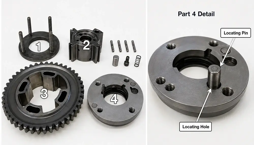 Camshaft Phaser Identification Guide: How to Avoid Wrong Intake, Exhaust or Adjuster Set Matching 4 Camshaft phaser internal structure components showing gear housing, centre bore, mounting face, rotor parts and small locking components