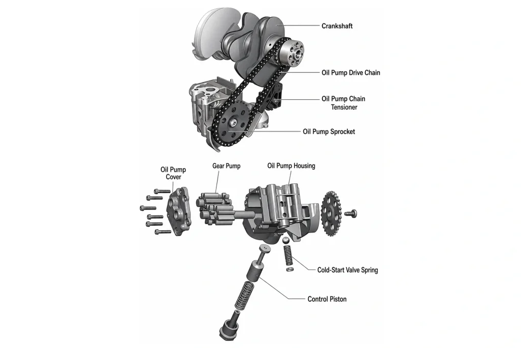 Engine Oil Pump Structure Guide: How to Avoid Wrong Pump, Housing or Assembly Matching 2 Engine oil pump drive types including chain driven gear driven crankshaft driven and module integrated designs