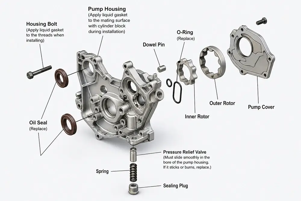 Engine Oil Pump Structure Guide: How to Avoid Wrong Pump, Housing or Assembly Matching 3 Engine oil pump structure showing housing mounting face oil inlet oil outlet drive interface and seal surface