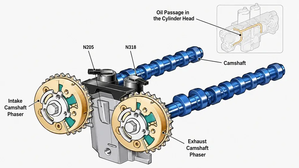 Camshaft Phaser Identification Guide: How to Avoid Wrong Intake, Exhaust or Adjuster Set Matching 3 Intake and exhaust camshaft phaser position in a variable valve timing engine