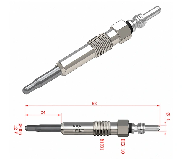 Engineering drawing showing the 92 mm overall length, 24 mm reference dimension, M10 × 1 thread and Ø4 mm pin terminal