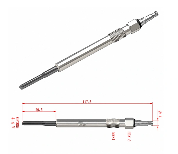 Technical drawing showing 117.5 mm overall length, 29.5 mm installation depth and M8 × 1 thread