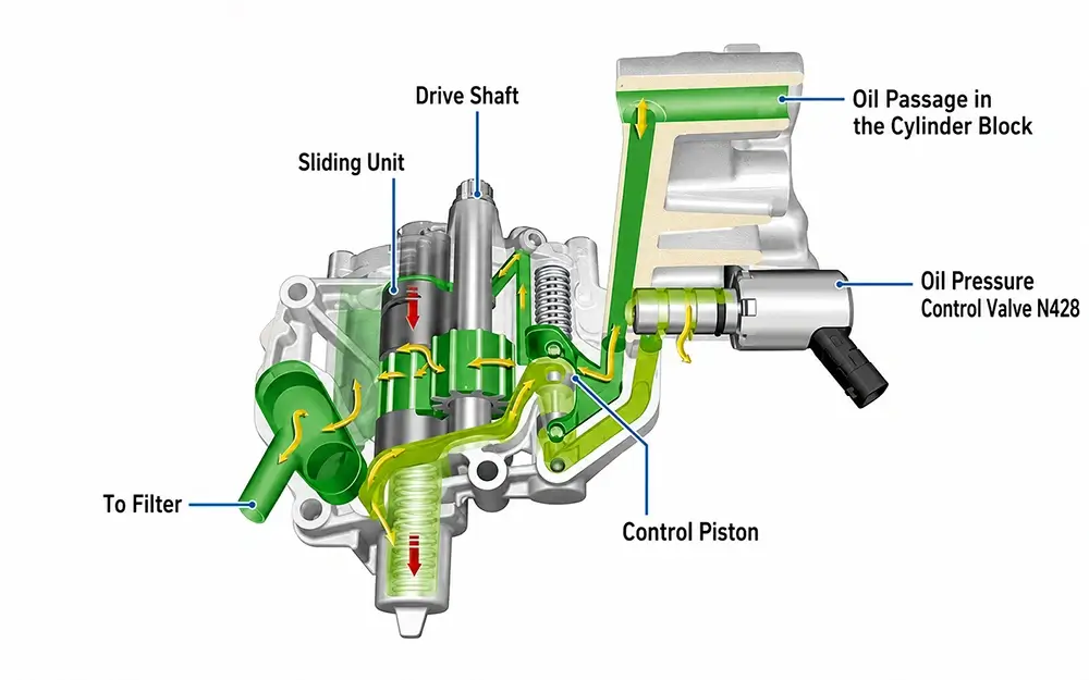 Piston Oil Cooling Solenoid Guide: Oil-Circuit Function, Structure and Identification 2 Piston oil cooling solenoid structure showing connector, inserted section, oil ports, seal position and mounting flange