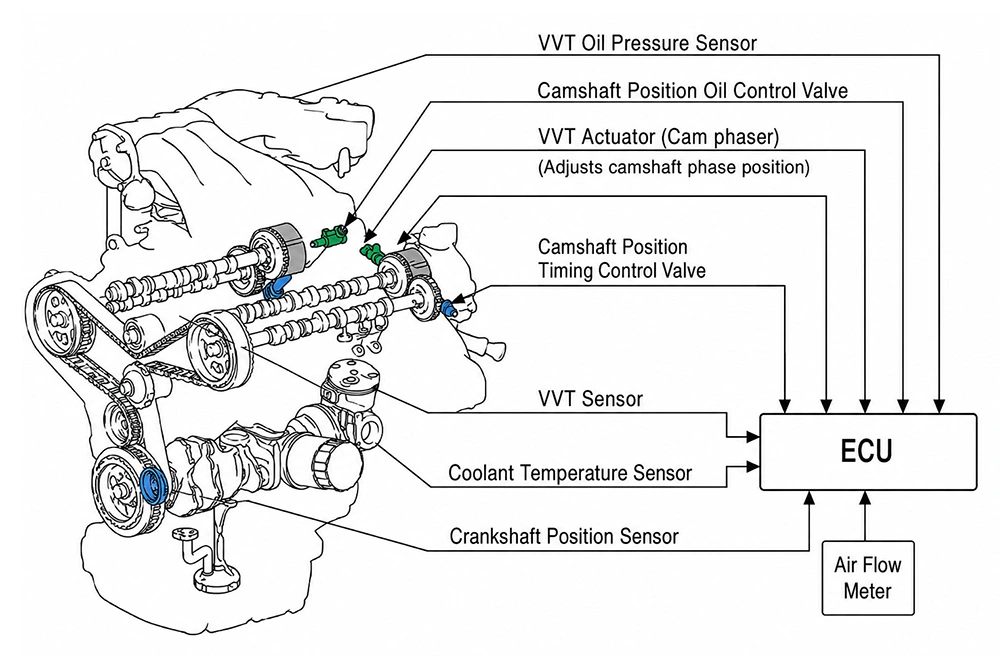 Engine schematic showing VVT control valves, camshaft phasers and sensor inputs connected to the ECU