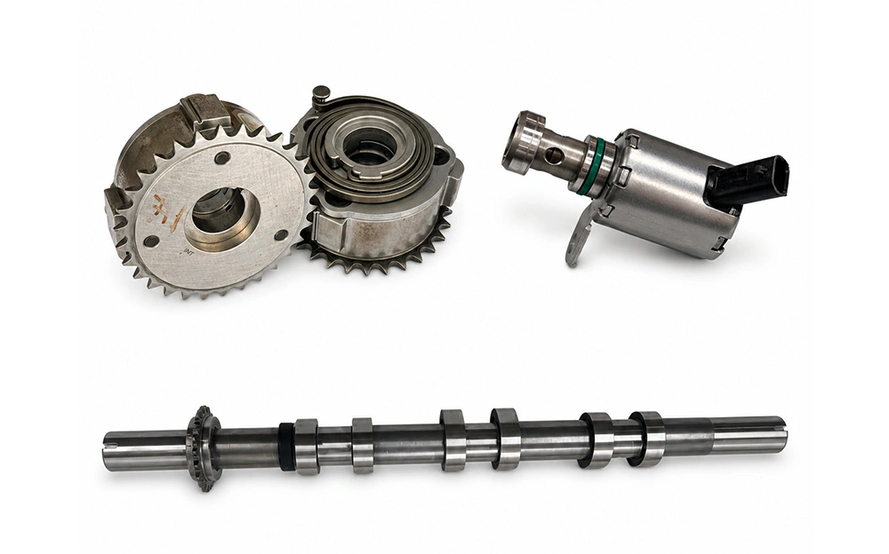 Camshaft phasers, a VVT solenoid and a camshaft used in a variable valve timing system