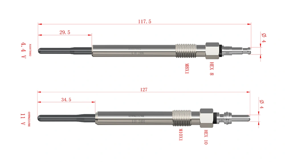 Comparison of Wellgine glow plugs 059963319H, N10579802, 068 905 061 and N10140105