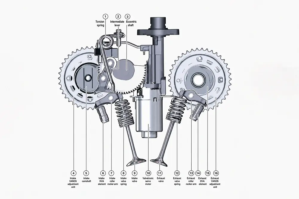 BMW valve-train diagram showing the Valvetronic eccentric shaft and servomotor alongside intake and exhaust VANOS components