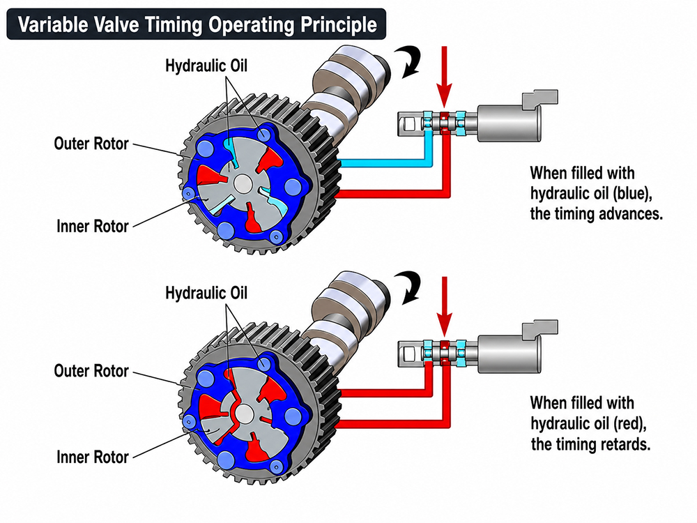 Camshaft adjuster diagram showing hydraulic oil flow used to advance and retard camshaft timing