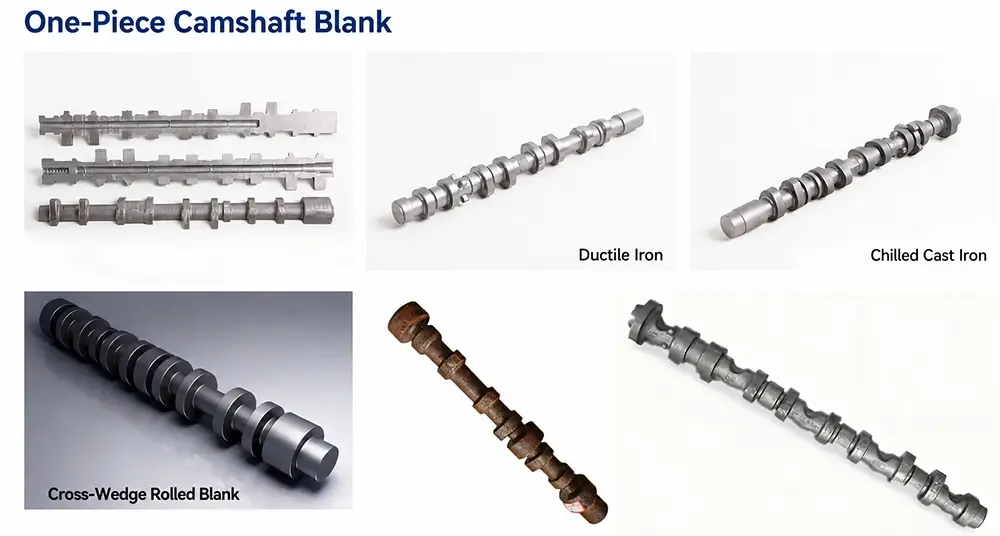 Camshaft blanks showing ductile cast iron, chilled cast iron and different integral camshaft forms