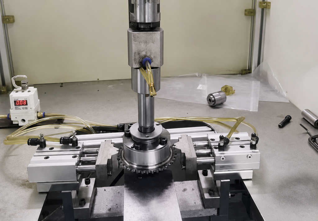 Camshaft phaser mounted in a test fixture for controlled functional inspection