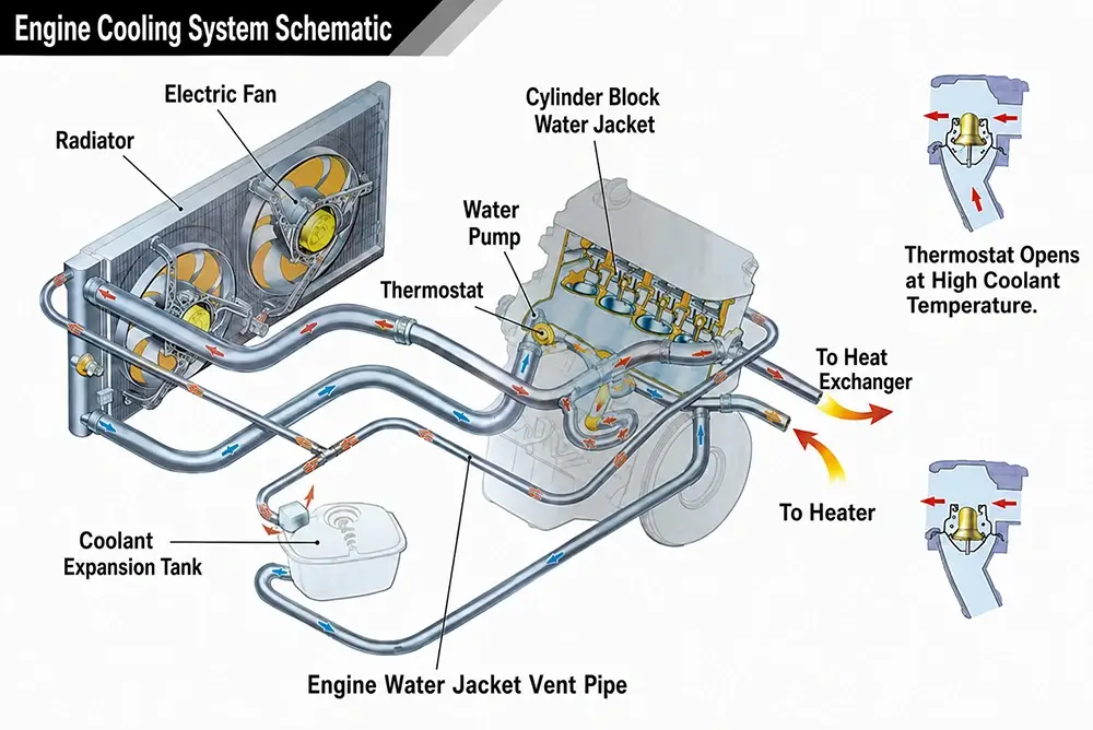 Engine cooling-system diagram showing coolant flow through the water pump, engine water jacket, radiator and thermostat