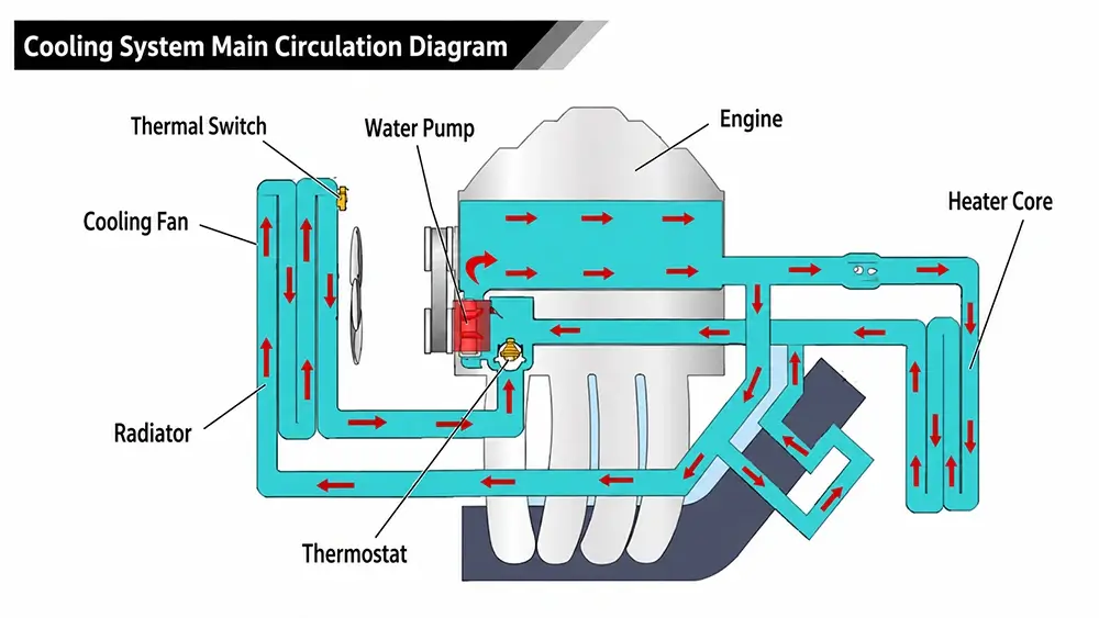 Engine cooling system diagram showing coolant flow through the water pump, radiator, thermostat and heater core