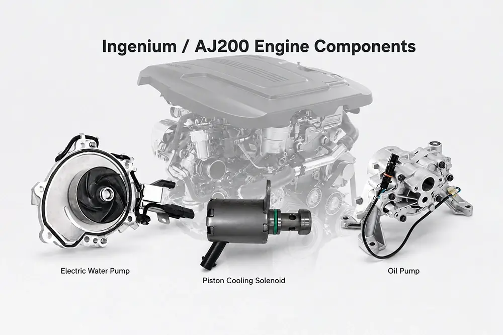 Ingenium AJ200 engine components showing an electric water pump, piston cooling solenoid and oil pump