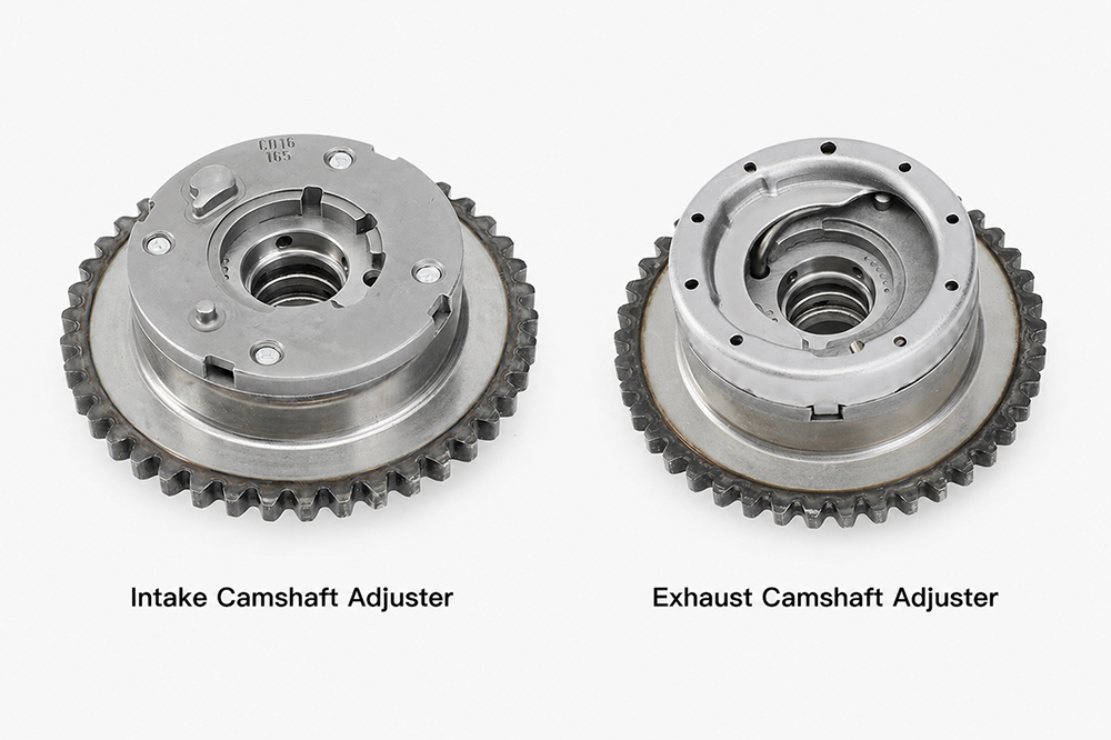 Intake and exhaust camshaft adjusters showing differences in centre-bore, oil-port and housing configuration