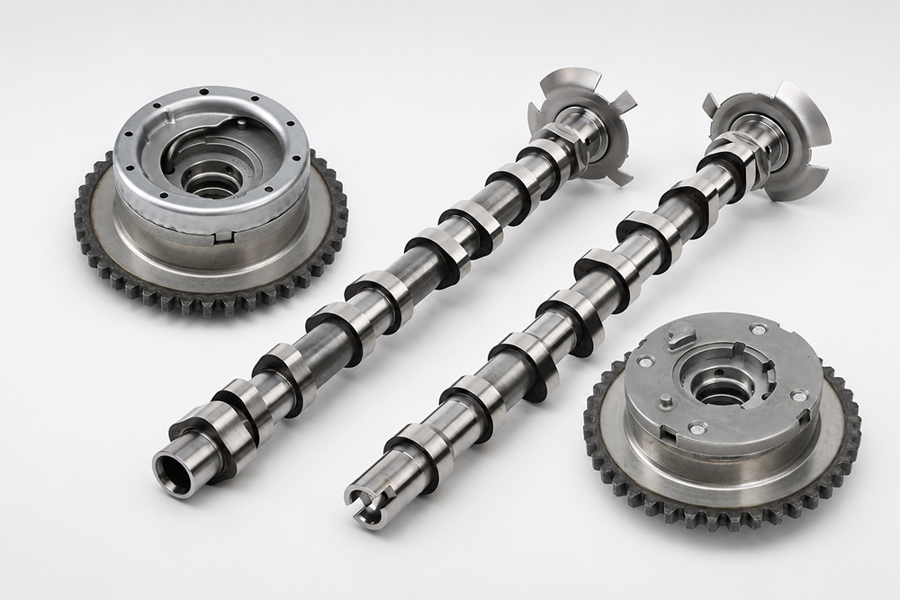 Camshafts and camshaft adjusters used to illustrate the Mercedes M270/M274 timing-control system