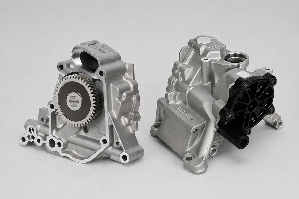 BMW N20 and B48 oil pumps showing different housing, drive and mounting configurations