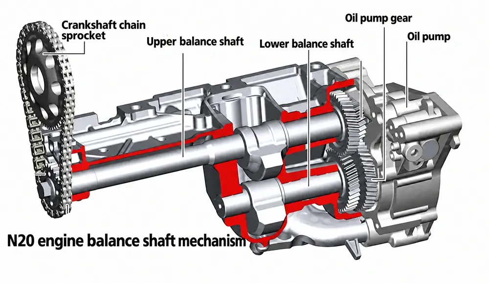 BMW N20 oil pump drive diagram showing the crankshaft chain sprocket, upper and lower balance shafts and oil pump gear