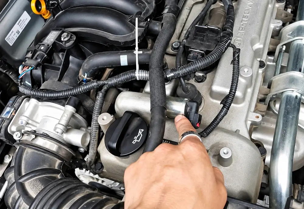 Camshaft position sensor mounted on the engine near the camshaft area