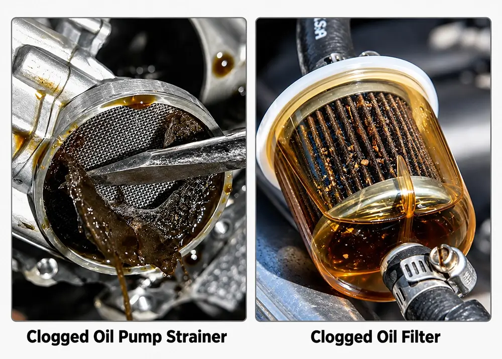 Comparison of a clogged oil pump strainer and a clogged engine oil filter