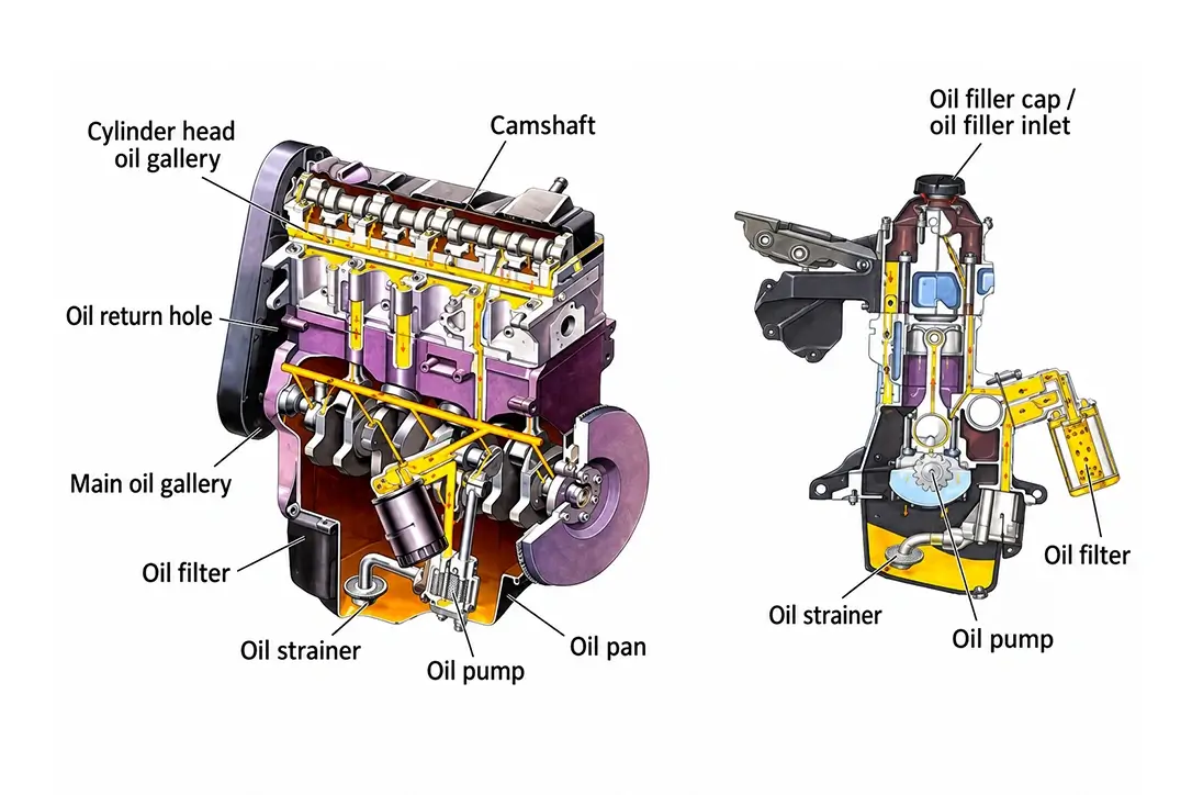 Engine lubrication system diagram showing the oil strainer, oil pump, oil filter and main oil galleries