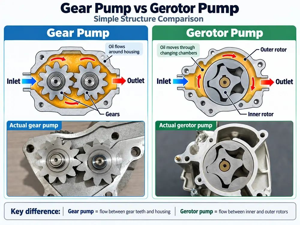 Comparison of external gear and gerotor oil pump structures, oil-flow paths and internal pumping elements
