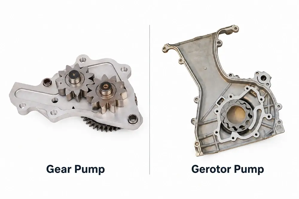 External gear oil pump and gerotor oil pump shown side by side for structural comparison