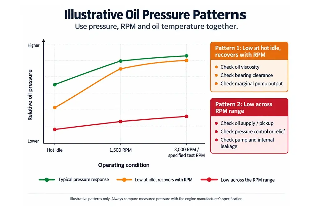 Illustrative oil pressure patterns at hot idle, 1,500 RPM and higher test RPM