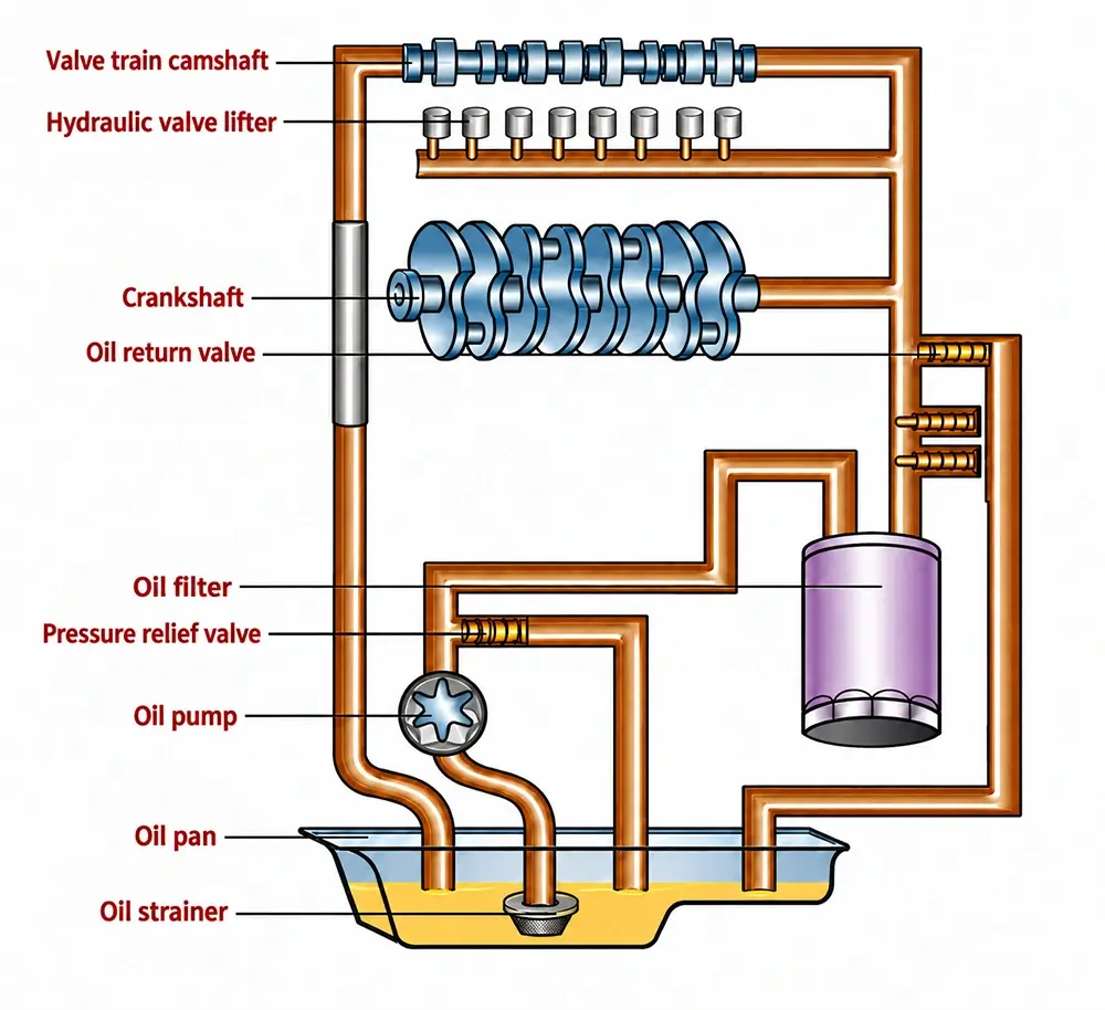 Engine lubrication system showing the oil strainer, oil pan, oil pump and oil flow path