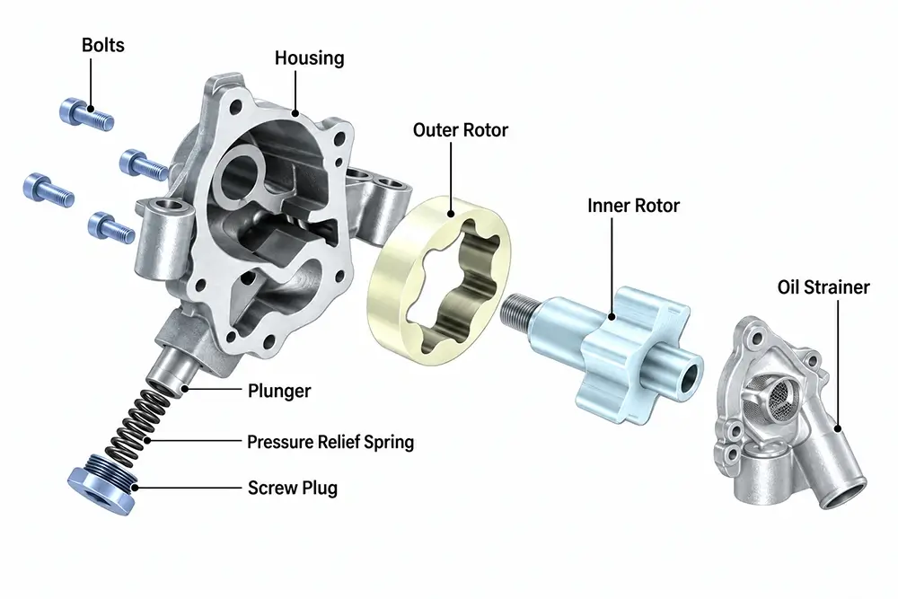 Exploded engine oil pump showing the pressure relief plunger, spring, rotors and housing