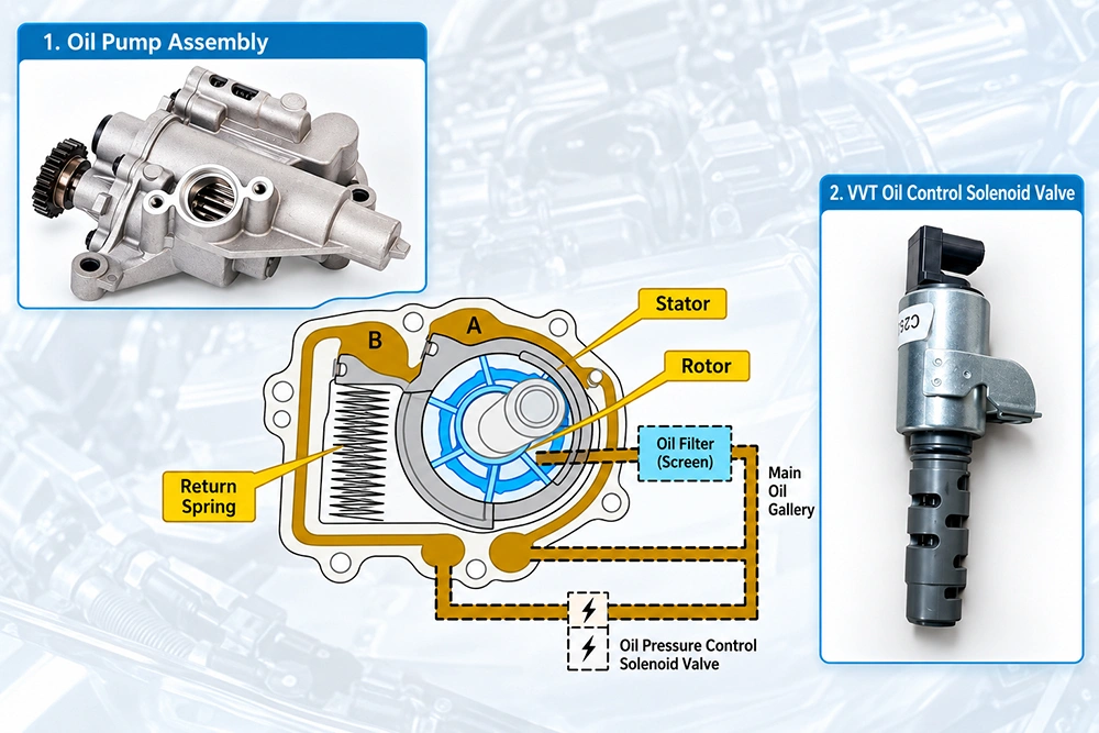 Variable-displacement oil pump assembly with oil pressure control solenoid valve and internal control diagram