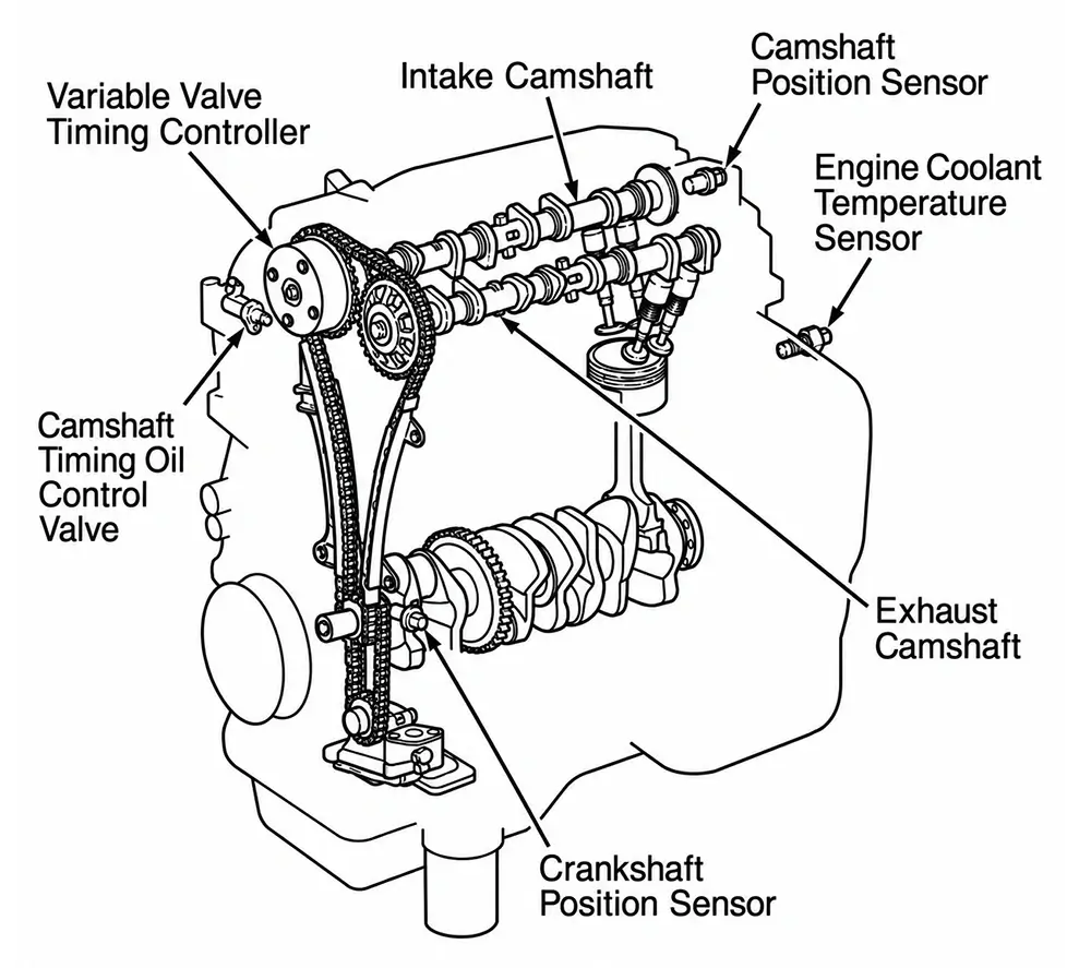 Engine diagram showing the VVT oil control valve, camshaft position sensor and camshaft timing components
