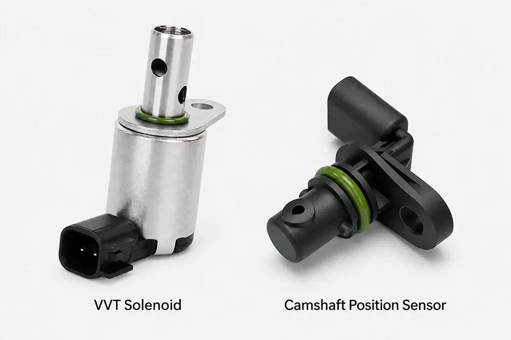 VVT solenoid and camshaft position sensor shown side by side for identification